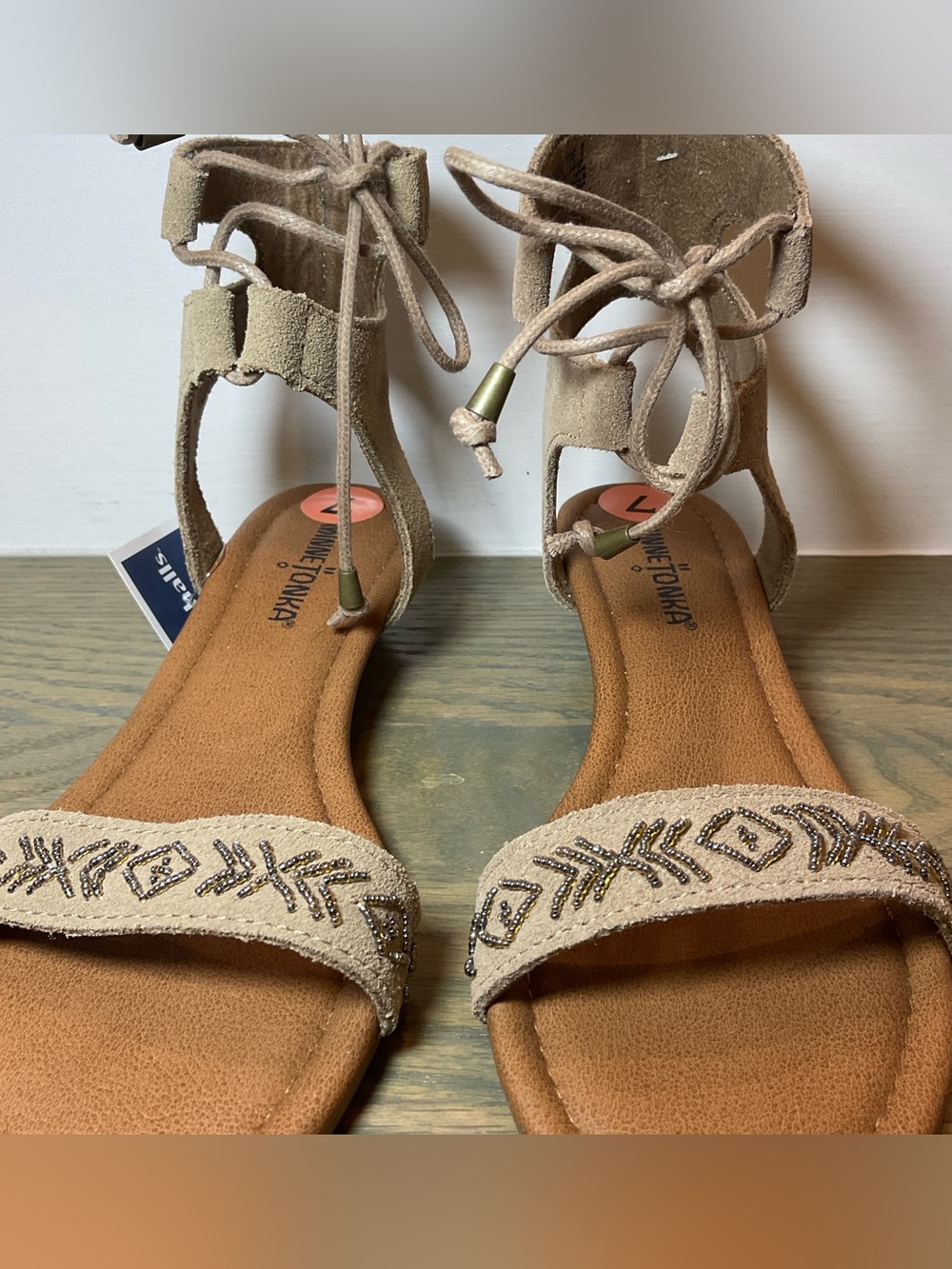 Minnetonka Taupe Suede Embroidered Lace-Up Ankle Sandal (7) - Picture 5 of 12